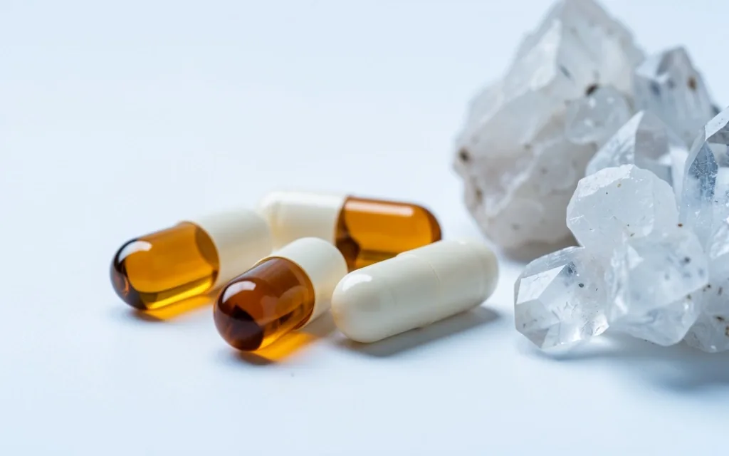 NutriMen capsules and mineral crystals in studio lighting